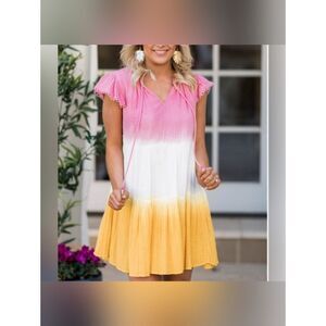 THML Abaco Dip Dye Dress Size XS Yellow Pink Tiered Flowy Mini Crinkle Fabric